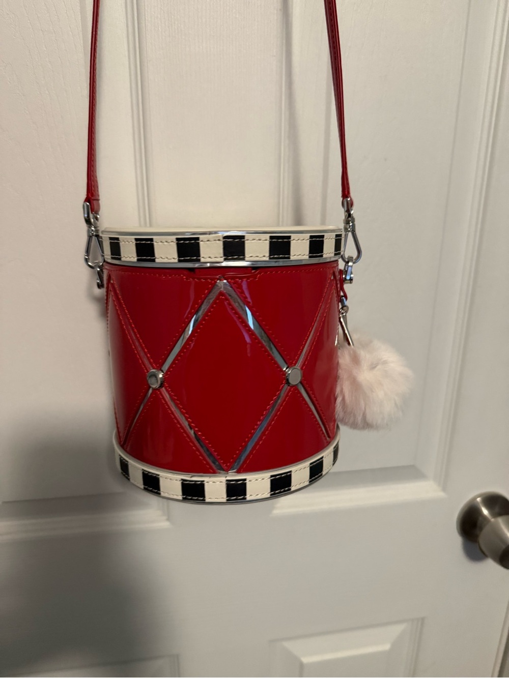 Red Patent Drum Crossbody Bag with Pom Pom